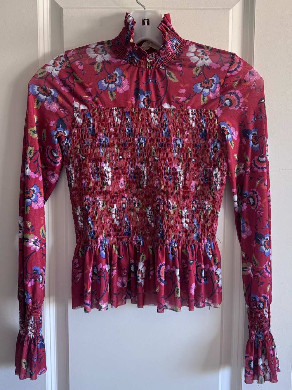 Chelsea & Violet vibrant Floral mesh pattern with Smocked bodice blouse